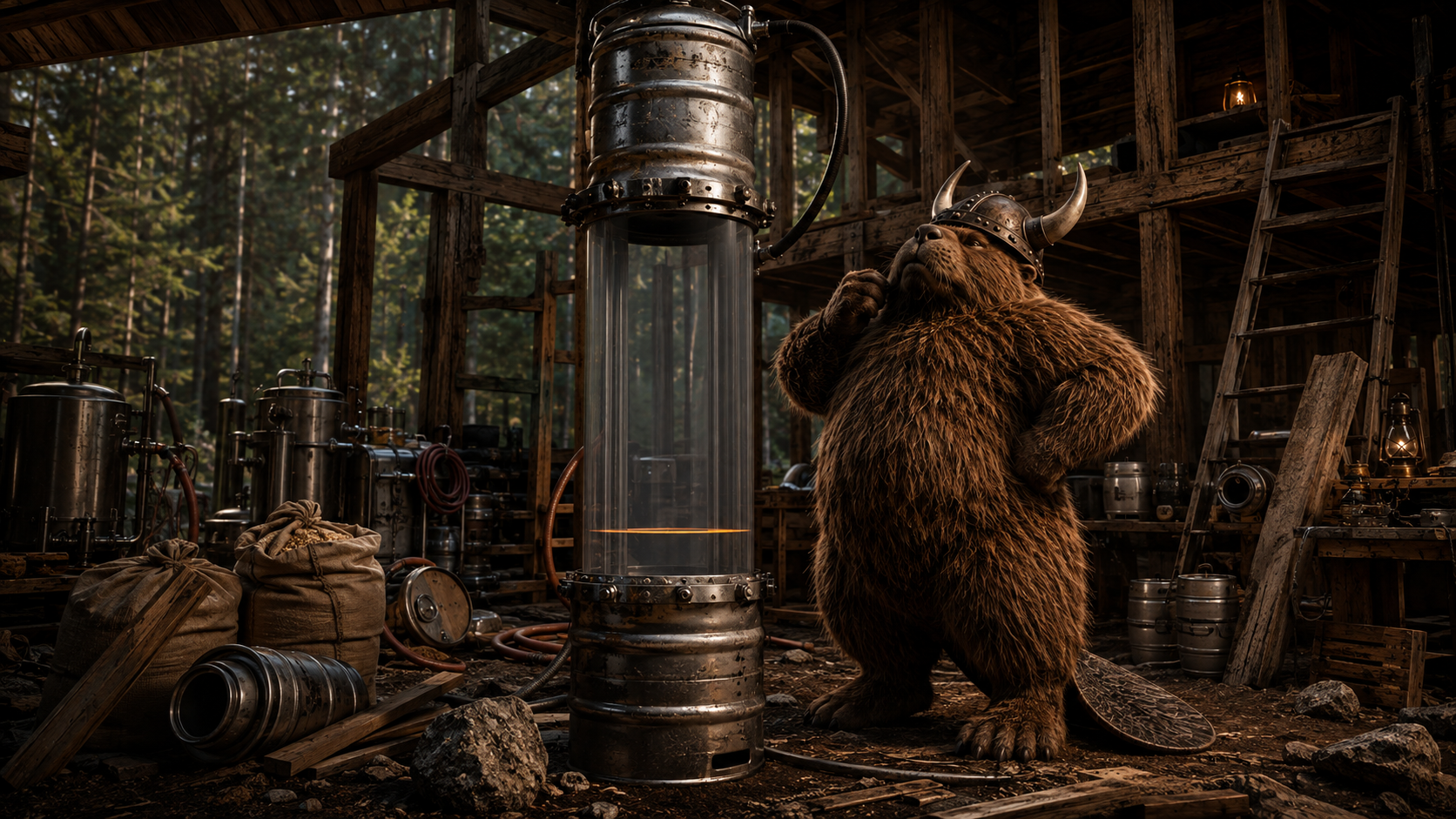 Eaton Beaver watches an enormous empty keg sight glass at his unfinished forest brewery