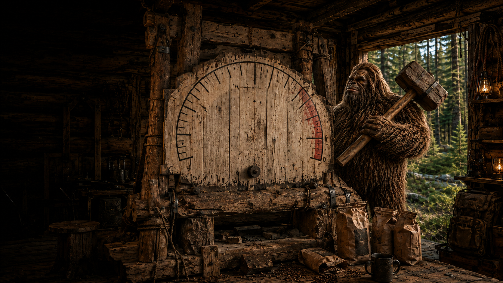 Bigfoot watches his enormous hand-built fundraising gauge at a forest coffee outpost