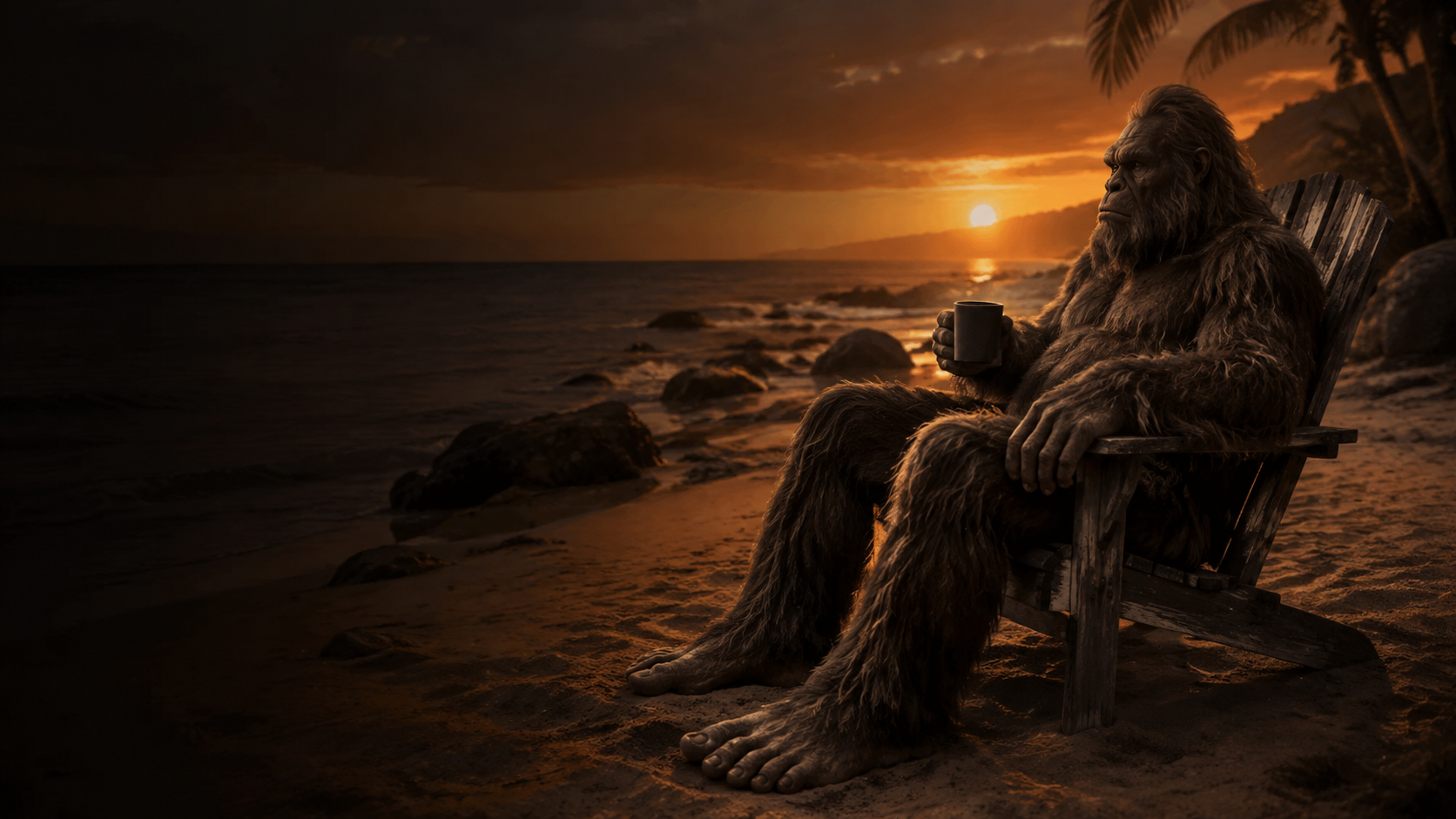 Bigfoot relaxes with coffee on a beach at sunset