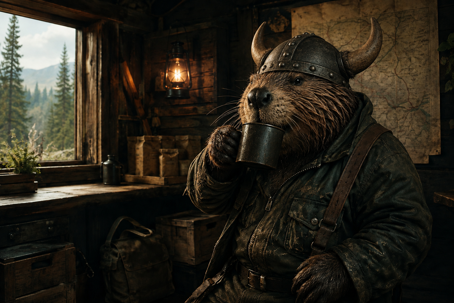 Eaton Beaver in his Viking helmet drinking coffee before starting the local delivery route