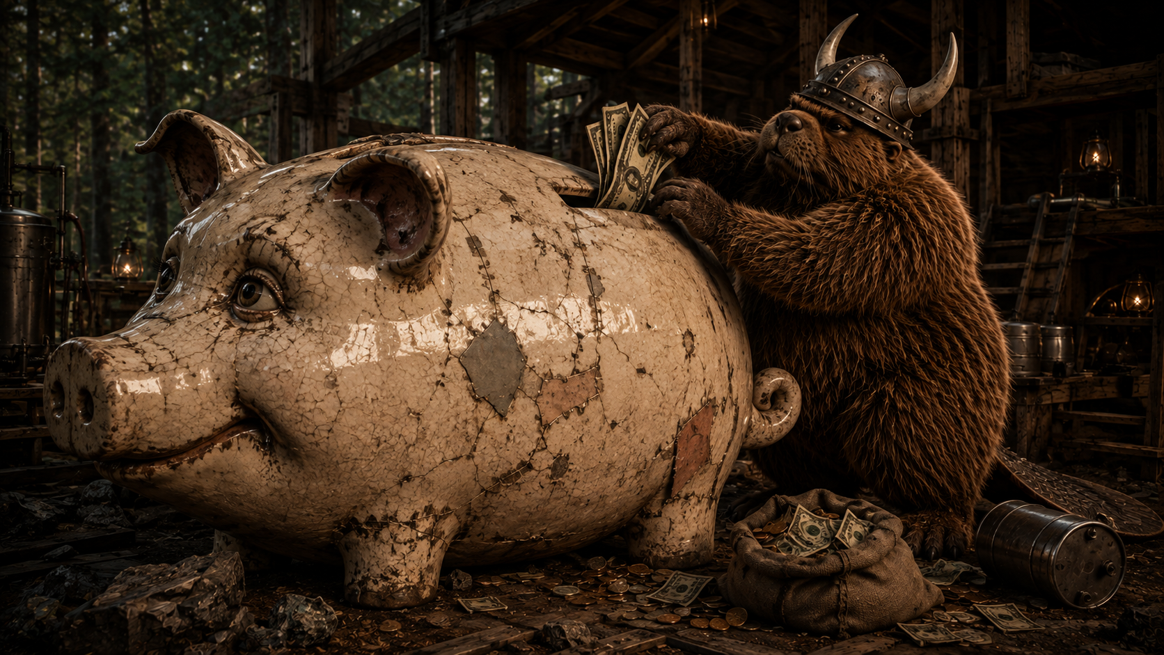 Eaton Beaver stuffs money into Goose’s Mom, his enormous battered piggy bank